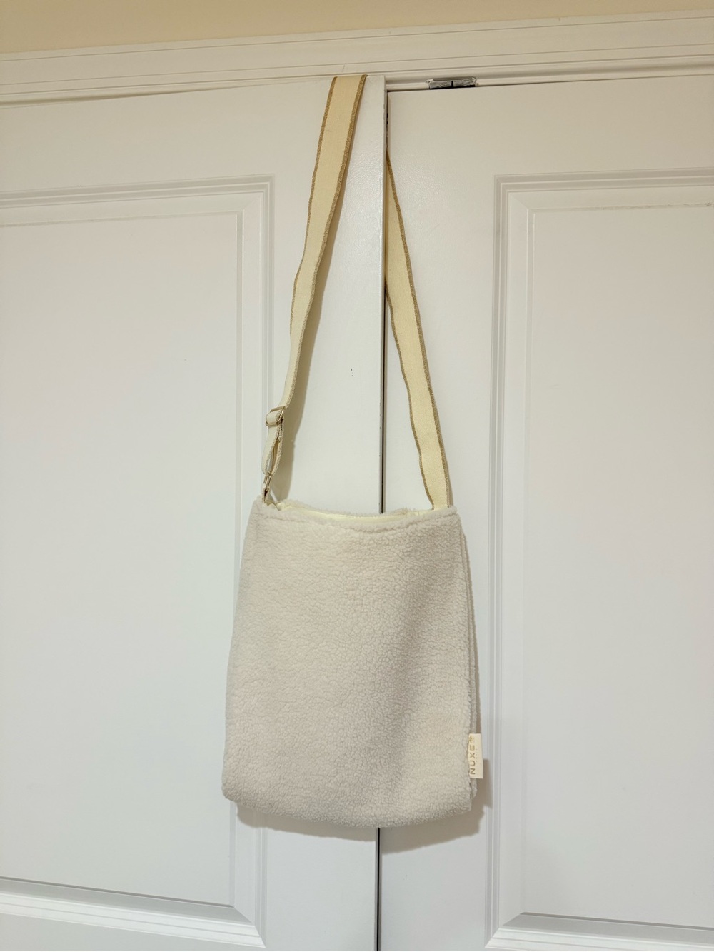 Cream Faux Sherpa Shoulder Bag with Adjustable Strap